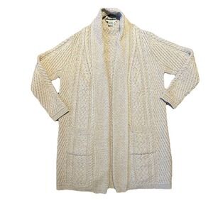 Aran Crafts Ireland Merino Wool Cardigan Sweater XL Beige Cable Knit Open Front